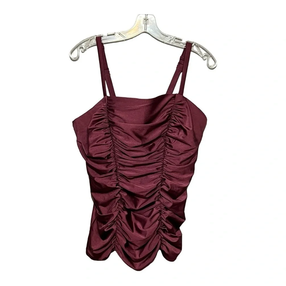 Cacique Burgundy Red Wine Shimmer Tankini Swim Top 16 Ruched Gathered Lined Bra